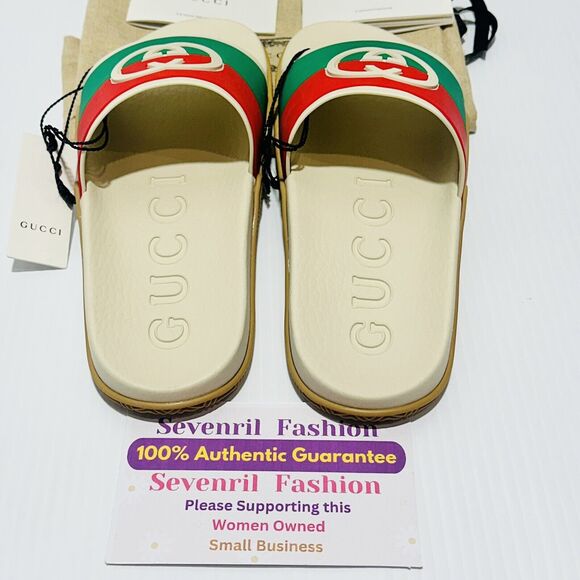 Gucci Slide Size 37/ US 7 Interlocking GG Logo Ivory Green Red Rubber NIB $420 - Picture 5 of 6
